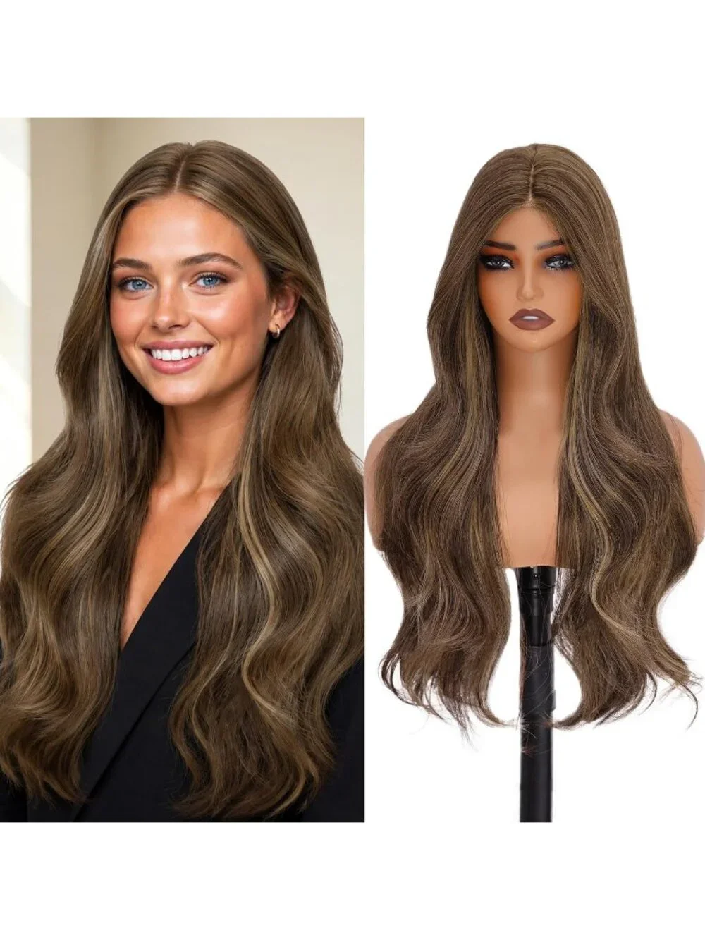 Women's 26 Inch Ash Brown Long Wavy Synthetic Glue Less 4x4 Lace Front Wig